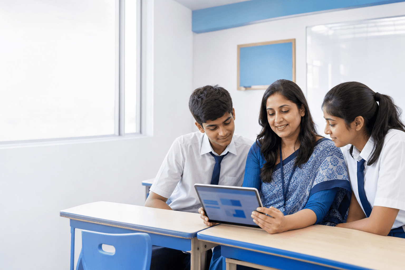 Teacher and students collaborating with a school dashboard